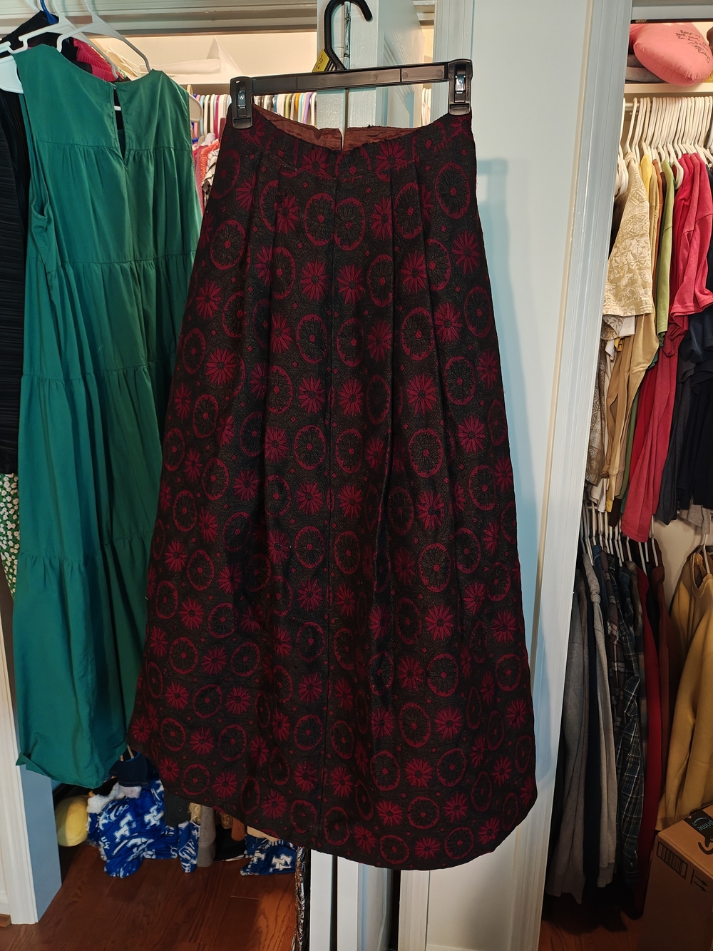 Vintage, Handmade Quilt Skirt - Black with Burgundy Floral Pattern